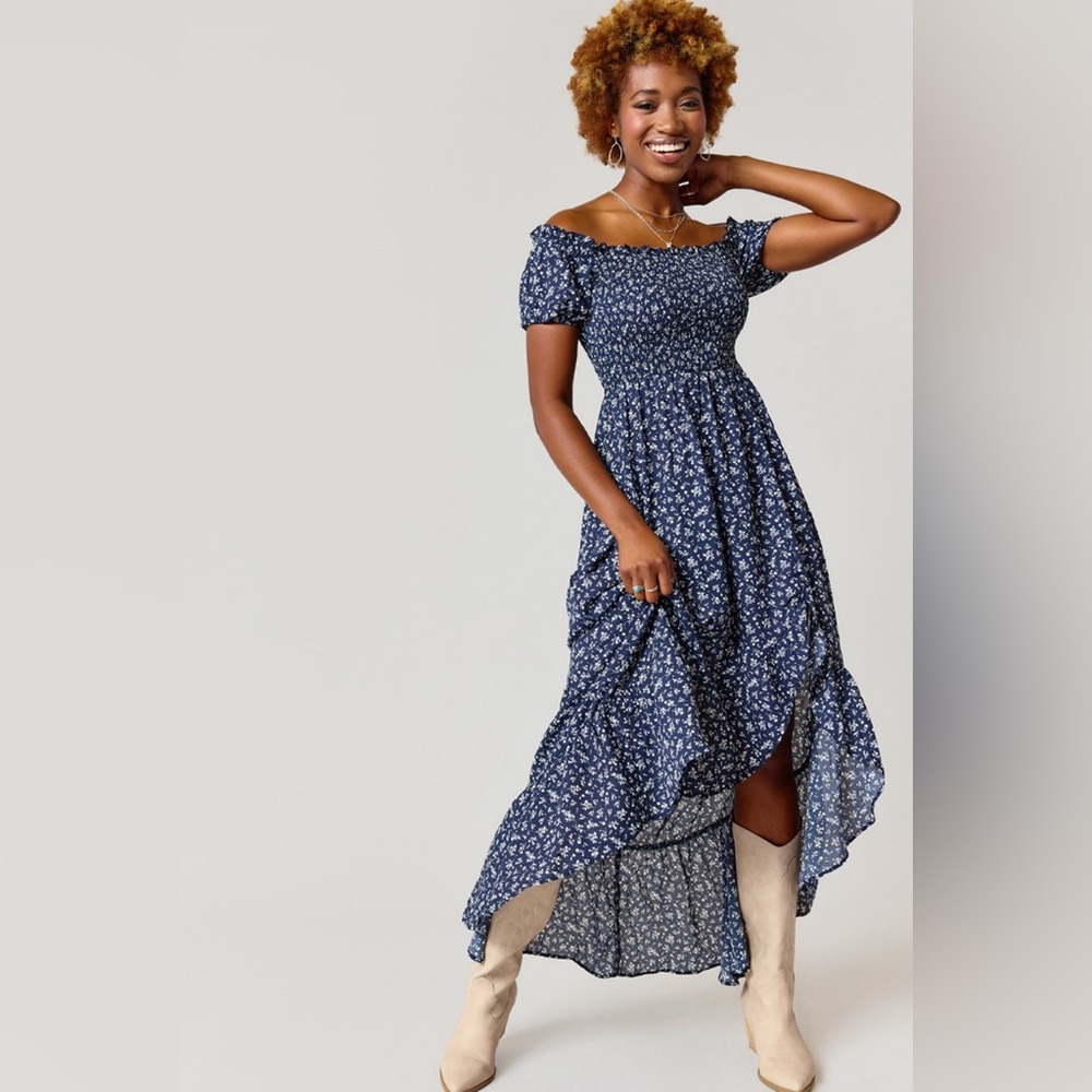 Navy blue flower midi dress.